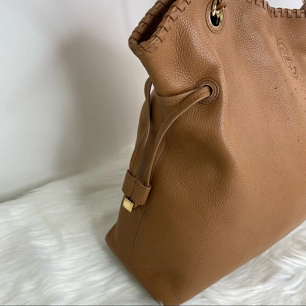 Tory Burch Bombé Slouchy Camel Leather Tote Bag